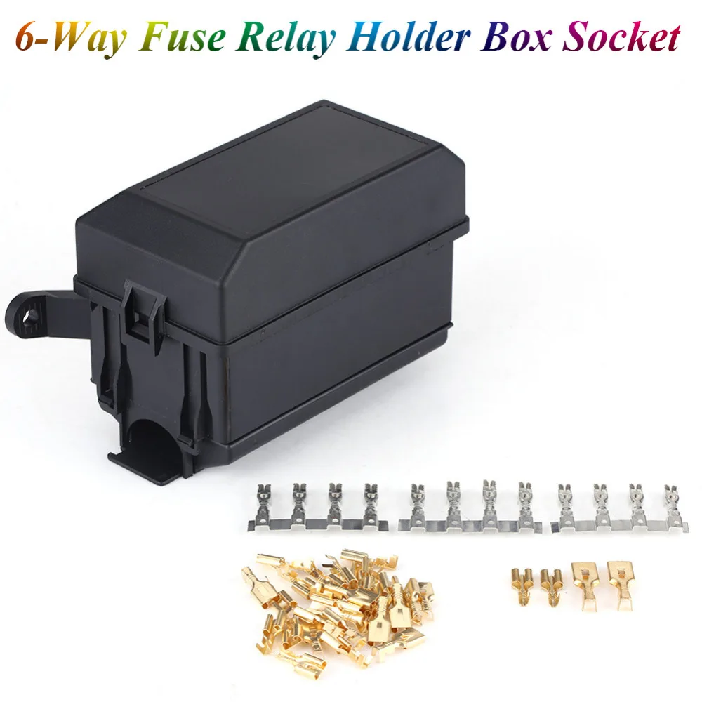 

6-Way Fuse Relay Holder Box Socket for Auto Car SUV Off-Road Pickup Truck Comes with 41pcs pins Can be use both relay and fuse