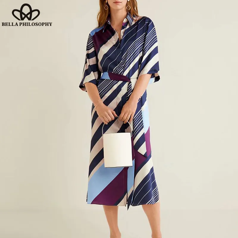 Wonder Half Sleeve Long Maxi Dress Vintage Sashes Female Color Striped Dress Casual Retro Lady Turn-Down Collar Dress 2019 new