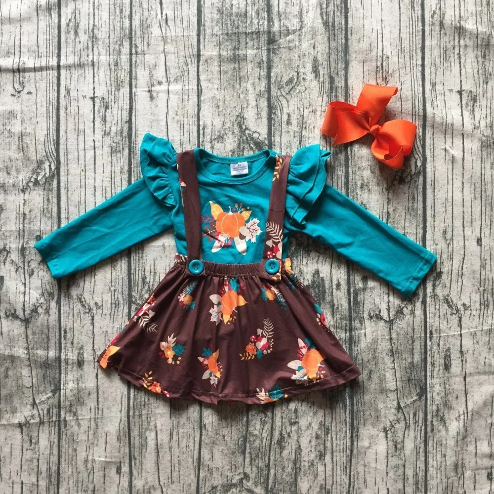 girls kids Fall halloween clothing children blue top with pumpkin skirts sets brown dress Hallween party clothing with bows girls kids Fall halloween clothing children blue top with pumpkin skirts sets brown dress Hallween party clothing with bows