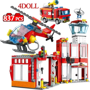 

City Police Station DIY Model Building Blocks City Fire Rescue Fire Truck Helicopter 837pcs Bricks Education Toys for Kids Gifts