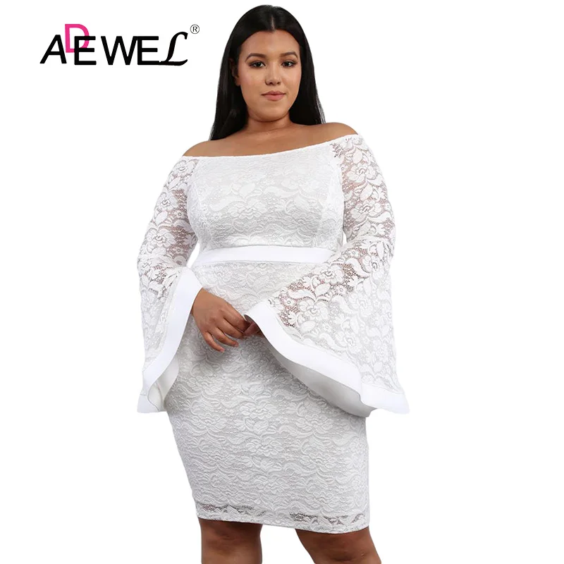 ADEWEL Plus Size White Lace Bodycon Dress Women Slash Neck Long Sleeve Party Dress Female Off Shoulder Knee Length Dress 3XL ADEWEL Plus Size White Lace Bodycon Dress Women Slash Neck Long Sleeve Party Dress Female Off Shoulder Knee Length Dress 3XL
