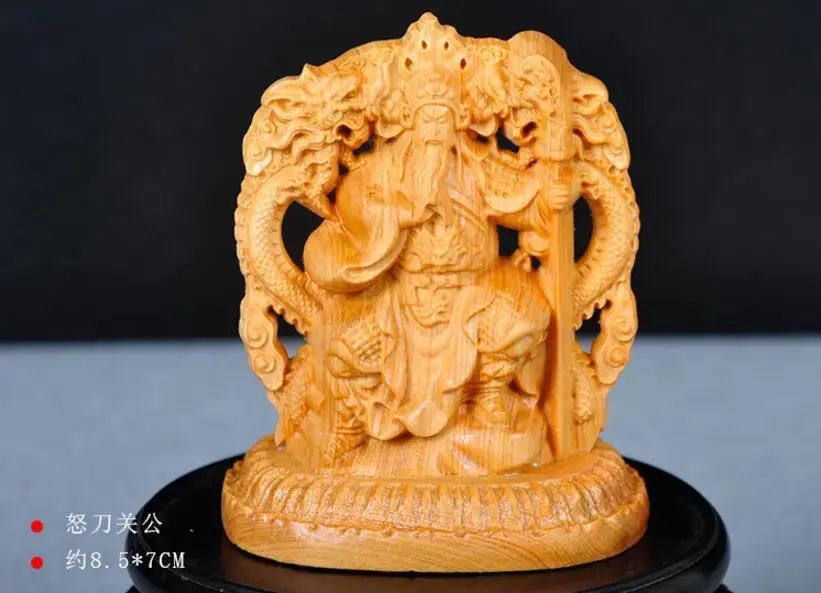 

chinese Thuja sutchuenen wood Carved Feng shui Guan yu and dragon statue
