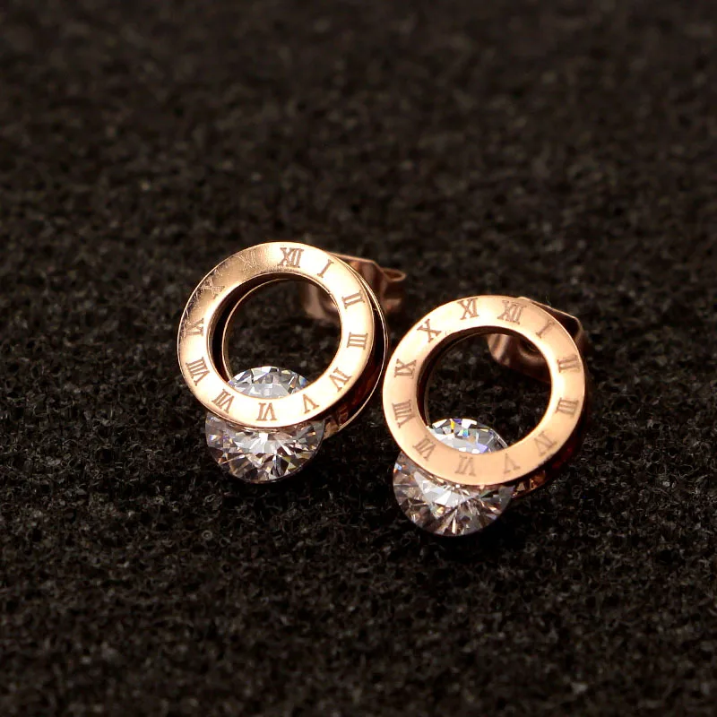 

Fashion Jewelry women roman digital earing Stainless Steel with cubic zirconia stud round earrings girl gift free shipping