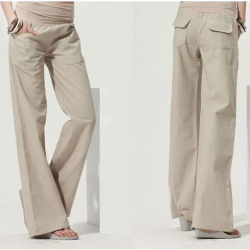 Lino pantalones de pierna ancha moda fluidos pantalones