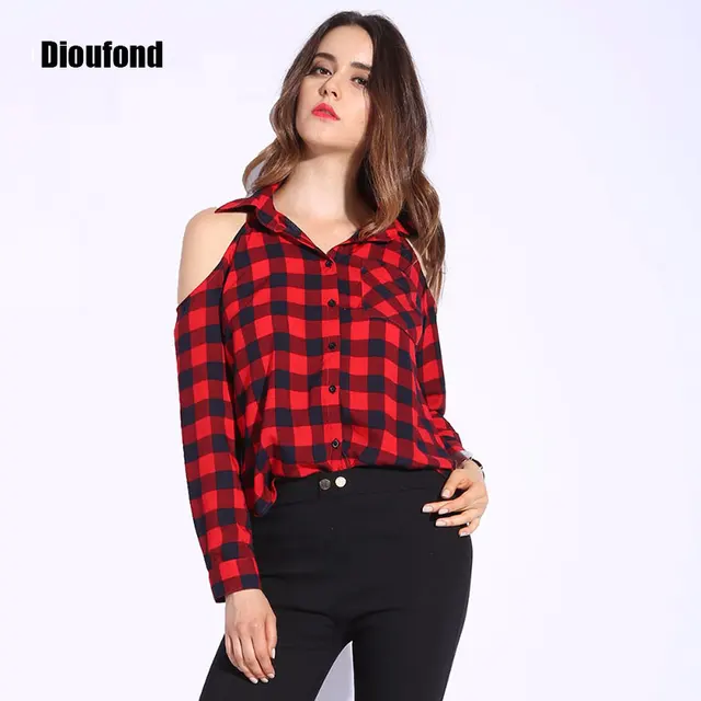 Dioufond Spring Red Plaid Off Shoulder Tops Shirts For