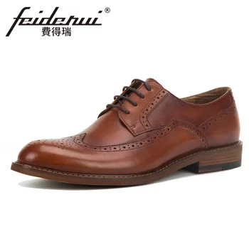 

New Luxury Genuine Leather Men's Wingtip Brogue Oxfords Round Toe Handmade Designer Man Formal Dress Wedding Party Shoes KUD188