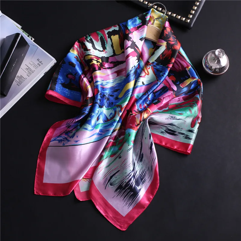 

2019 New Women Satin Silk Scarf Square Hijab Pattern Foulard Lady Headband Shawls Wrapslarge Banadana Neck Scarves Kerchief