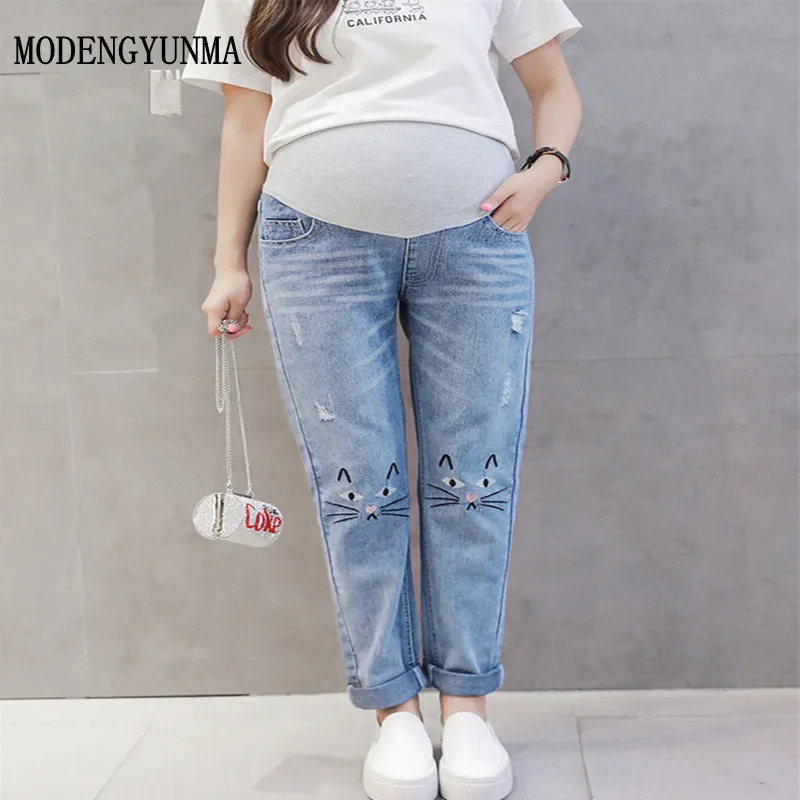 

MODENGYUNMA Maternity Jeans Pregnant Woman Loose Pencil Pants Maternity Elastic Waist Denim Trousers Pregnancy Clothes 2018 NEW