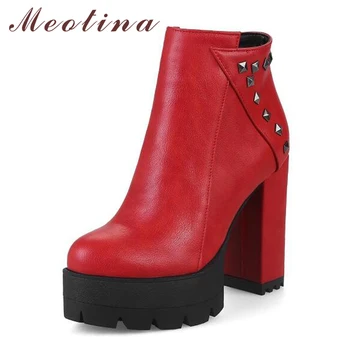 

Meotina Winter Motorcycle Boots Ankle Boots Rivets Block High Heel Platform Boots PU Leather Zip Shoes Red Yellow Plus Size 9 10