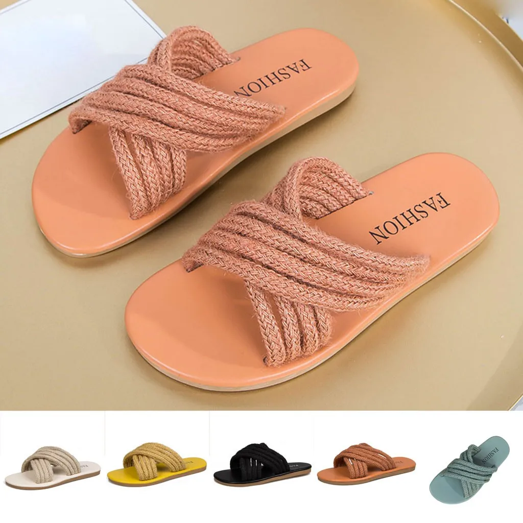 

Hemp Straw Cross Strap Slip on Shoes Women Rope Band Sandals Flat Fisherman Shoes Beach Casual Holiday wind Candy Colors slides