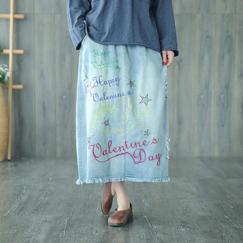 

2019 Spring Summer Woman Vintage Oversized Denim Skirt Letter Print Embroidered Elastic Waist Ripped Loose Casual Jeans Skirt