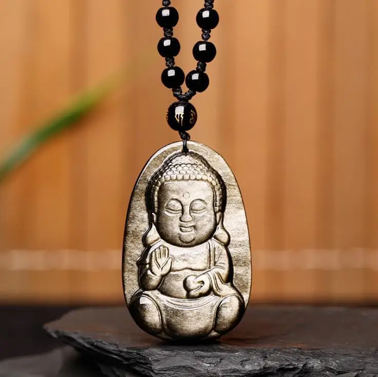 

Chinese Natural Black Gold Obsidian Hand-Carved Blessing Baby Buddha Pendant