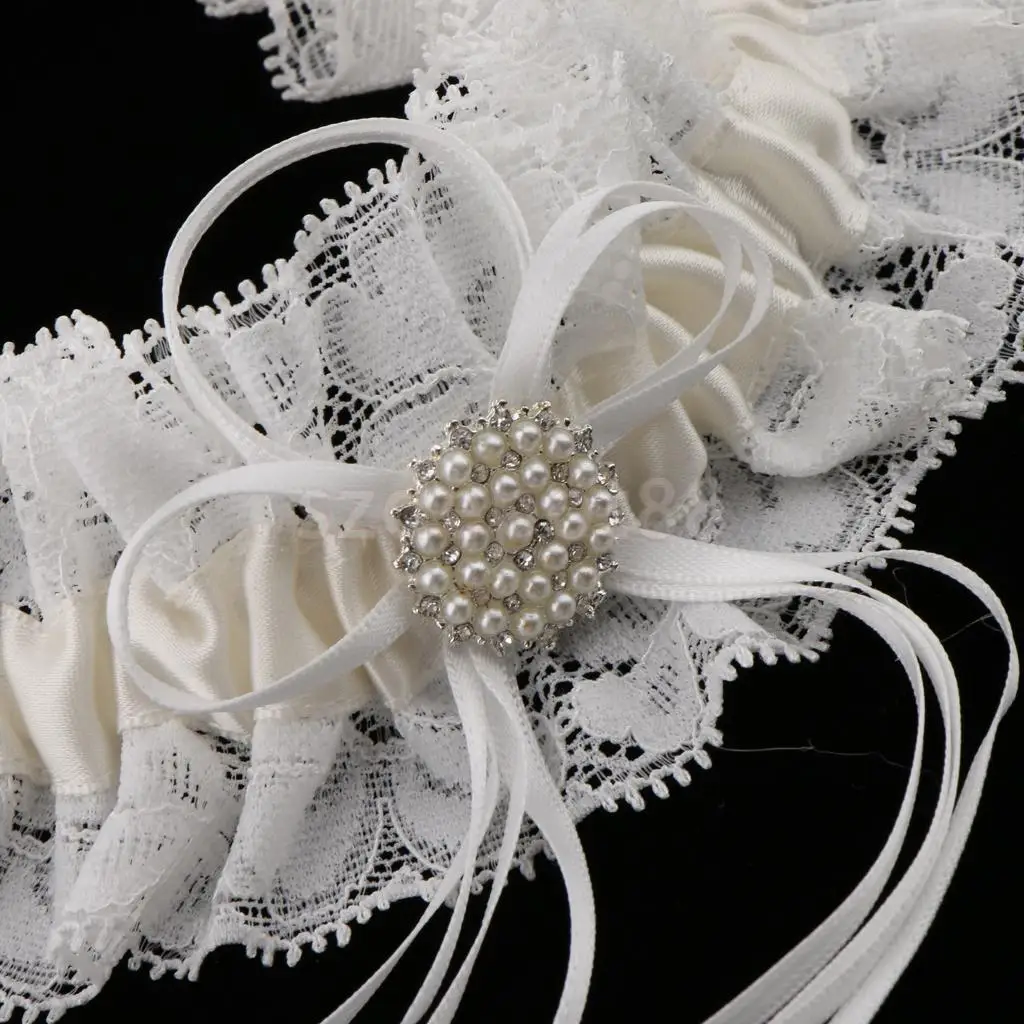 Wedding Bridal Lace Pearls Garter w/ Bowknot Trim Bride to Be Hen Night Party Theme Dress Wedding Party Gift Favor