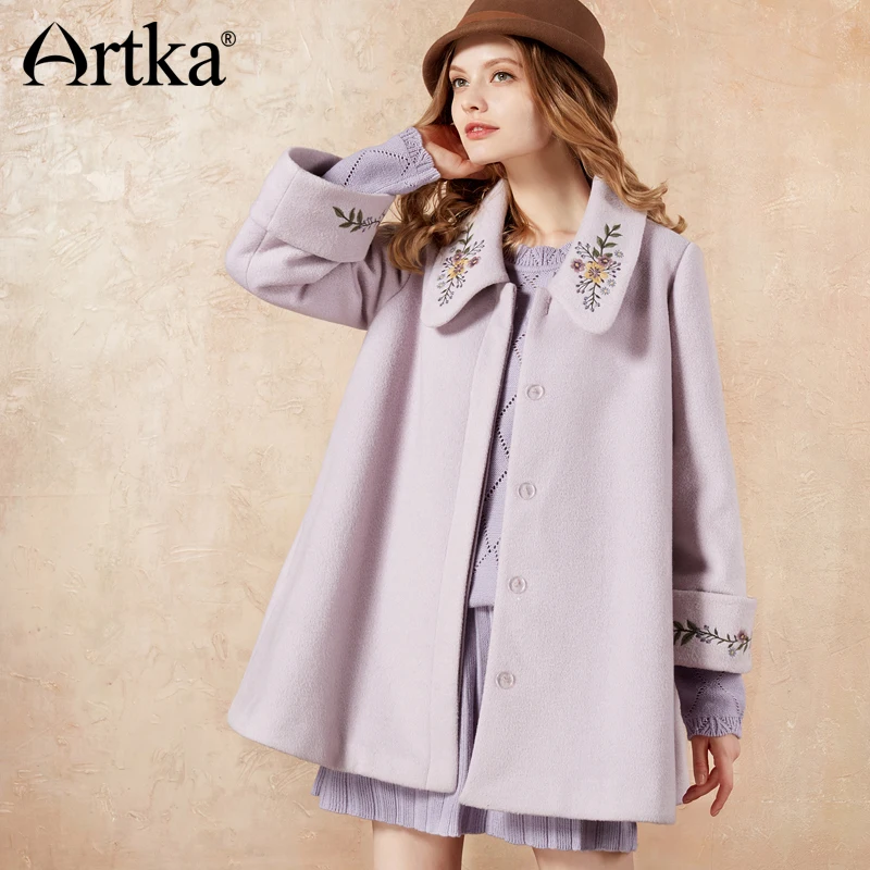 

ARTKA 2018 Autumn&Winter Vintage Embroidery Wool Contained Mid-Length Turn-down Collar Coat FA10373D