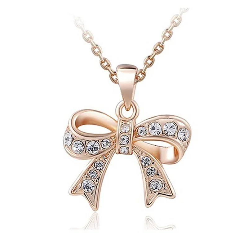 SHUANGR Bow Necklace Jewelry Rose Gold Color Austrian Crystal Necklaces