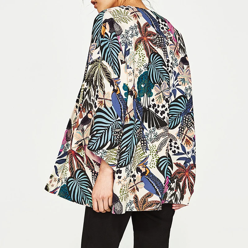 New Women Chiffon Beach Kimono Cardigan Bird Leaves Print Open Front Holiday Loose Thin Blouse Beachwear Cover Up 2019