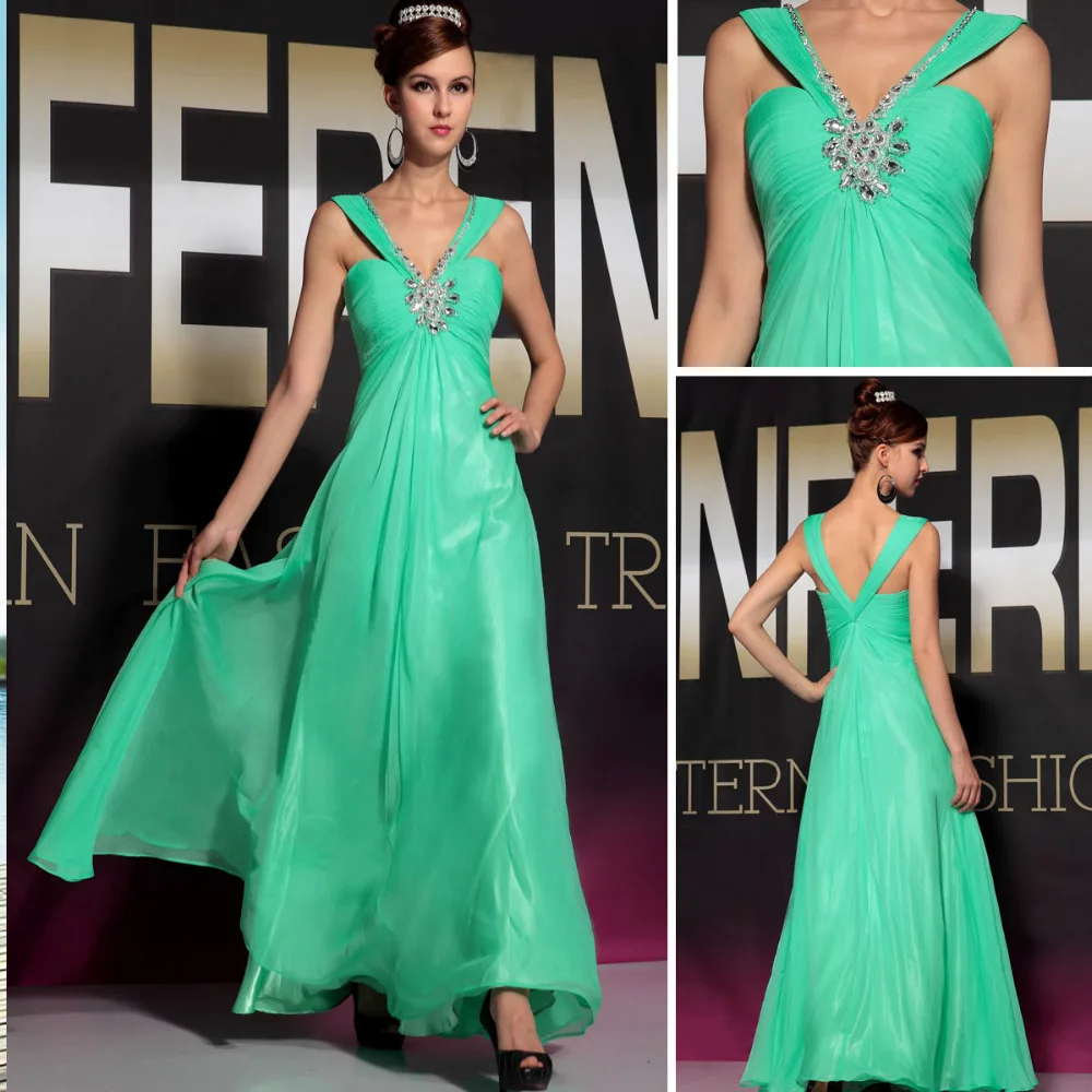 Dorisqueen 2014 New Beaded Straps Full Length Long Sexy V Neck Silk Green Dress Party Formal Evening Girls Prom Gown 30680 | Свадьбы и