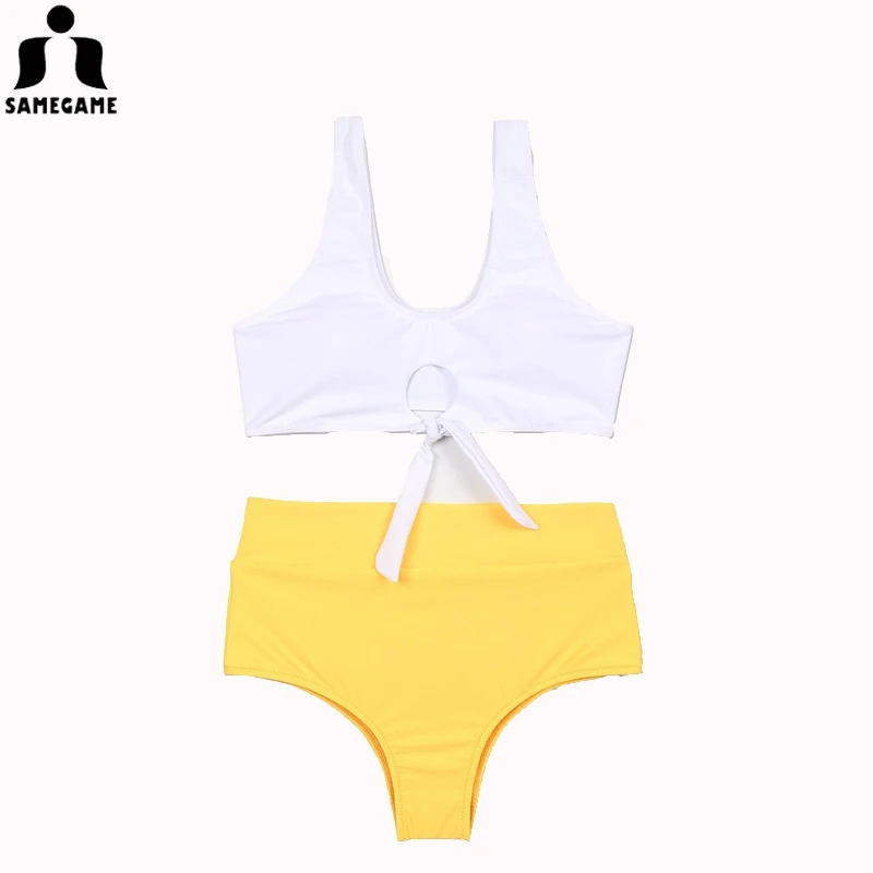 

SAMEGAME 2019 Sexy Bikini Solid Halter Women Swimsuit Bandage Swimwear Patchuwork Bikini Set High Waist Bathing Suits Swim Wear