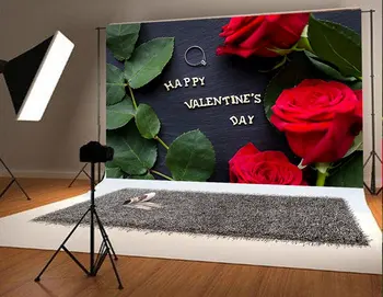 

Happy Valentine's Day 3D red rose leaves black Background Vinyl cloth High quality Computer print wall backdrop