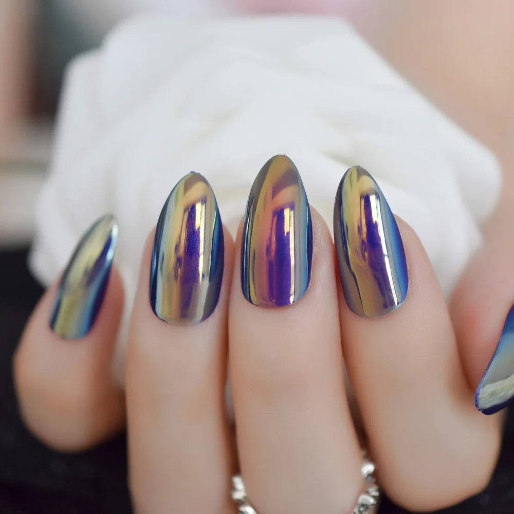 Металлические зеркальные яркие хромированные накладные шпильки для ногтей, металлические овальные острые миндалевидные накладные ногти, маникюр, полные ногти, художественные наконечники