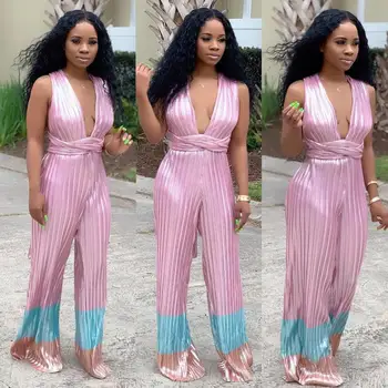 

Hot Sale Sexy Strap Solid Deep V Neck Sleeveless Pleated Pants Backless Bandage Women Casual Jumpsuits