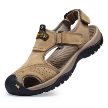 Большие размеры Мужская модная дышащая охватывает носок из коровьей кожи сандалии мягкие липучка летняя пляжная обувь на открытом воздухе Нескользящие кроссовки