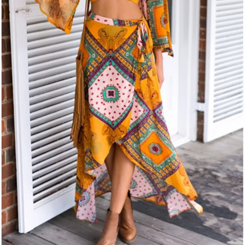 

YXNH 2018 Fashion Hot Sale Women's Bohemian Printed Swallowtail Irregular Skirt Vintage cotton short skirt female clothes