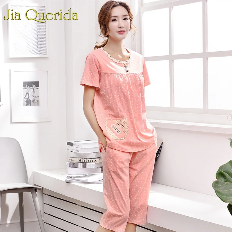 

J&Q Women Pajamas Set 2019 Summer New 100% Cotton Calf-Length Pants Pj Womens Home Clothing Pijama Mujer Plus Size Home Clothes