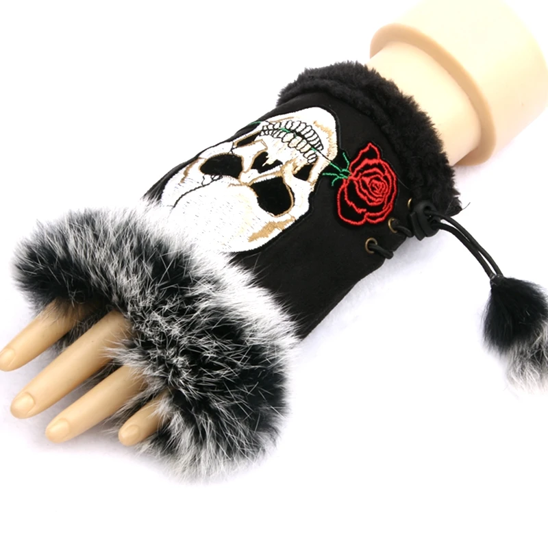 

1 Pair Fashion Gloves women Half finger Gloves Embroidered skull Suede Winter Warm Wrist Gloves Girls Mittens Christmas gift