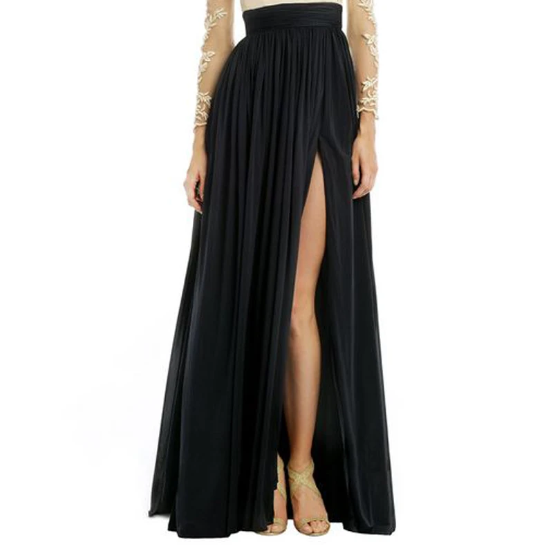 Черные плиссированные длинные шифоновые юбки для женщин вечерние с высокой стороны с разрезом длина до пола юбка летняя молния женская Юбка Saia