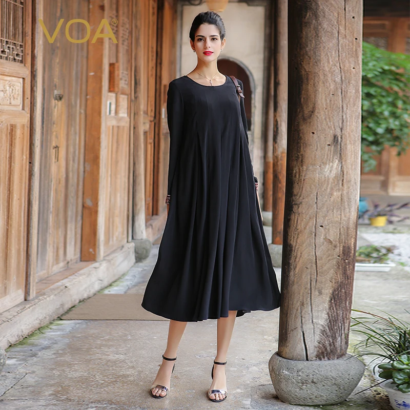 

VOA Plus Size Silk Embroidery A Line Dress Long Sleeve Black Vintage Korean Casual Long Dresses Autumn vestidos sukienki A7521