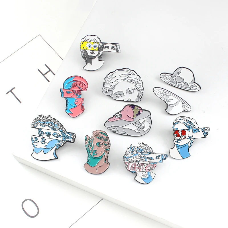 Cartoon characters Art Style of Abstract Space Brooches Pins Distortion dislocation Gypsum sculpture badge Enamel Jewelry Gift