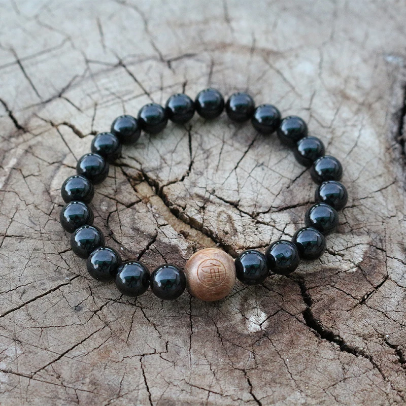 

Onyx Beaded Bracelet, Buddhist Chinese Word Wood Bead, Worry Beads Bracelet,Spiritual Meaningful Gift,Mens Inspirational Jewelry