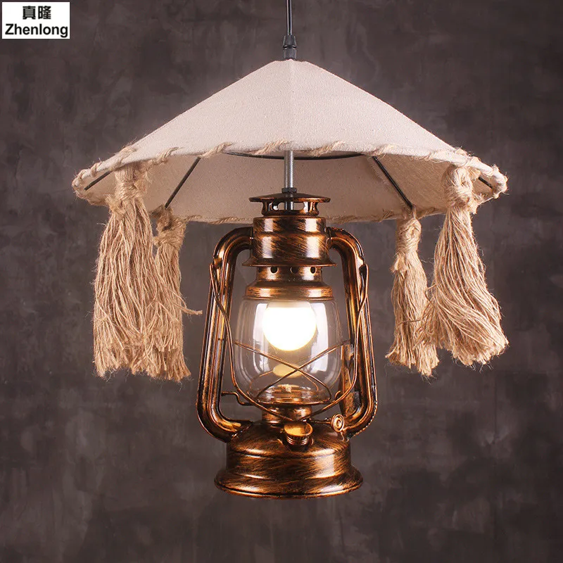 

Chinese Retro Iron Nostalgic Rustic Bar Pendant Lamp Staircase Cafe Creative Lighting Kerosene Lamp Chandelier Fabric Hat Lights