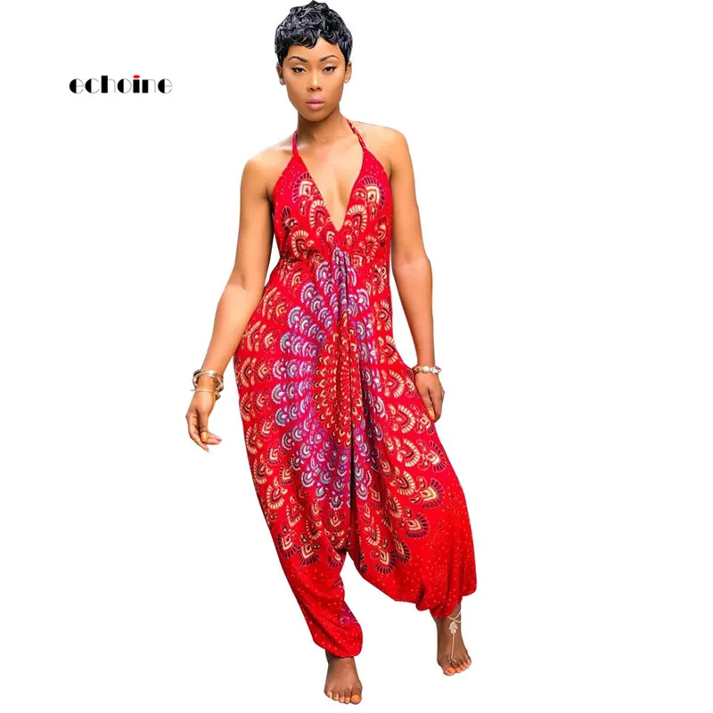 

Echoine Women Jumpsuit National Style Print Sexy V-Neck Halter Backless Spaghetti Strap Sleeveless Loose Long Pant Female Romper