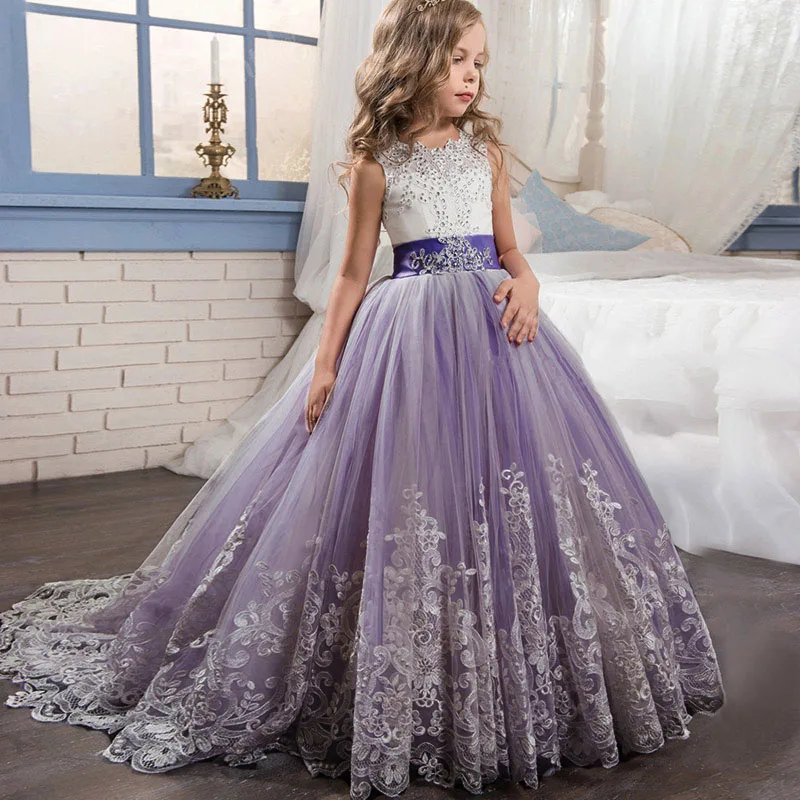 Robe De Fete/кружевное свадебное платье со шлейфом для малышей костюм для девочек бальное платье, вечернее платье принцессы Вечерняя одежда для детей возрастом 14 лет, LP-231