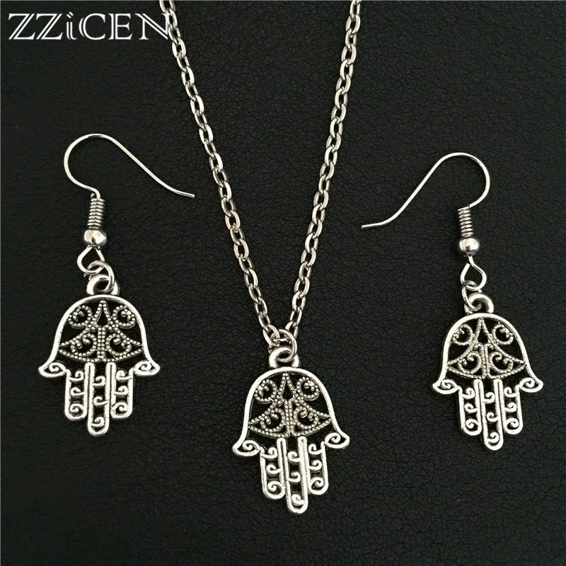 

New Vintage Hamsa Hand Jewelry Sets for Women Antique Silver Hollow Out Fatima Hand Drop Earrings Necklaces Jewelry Gifts