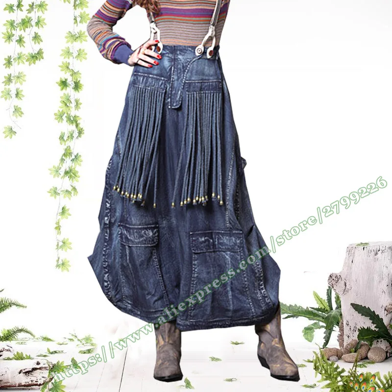 

2018 Autumn And Winter Retro Vintage Fringed lantern denim Long female Skirt designs / Maxi Long Jeans Skirts Womens