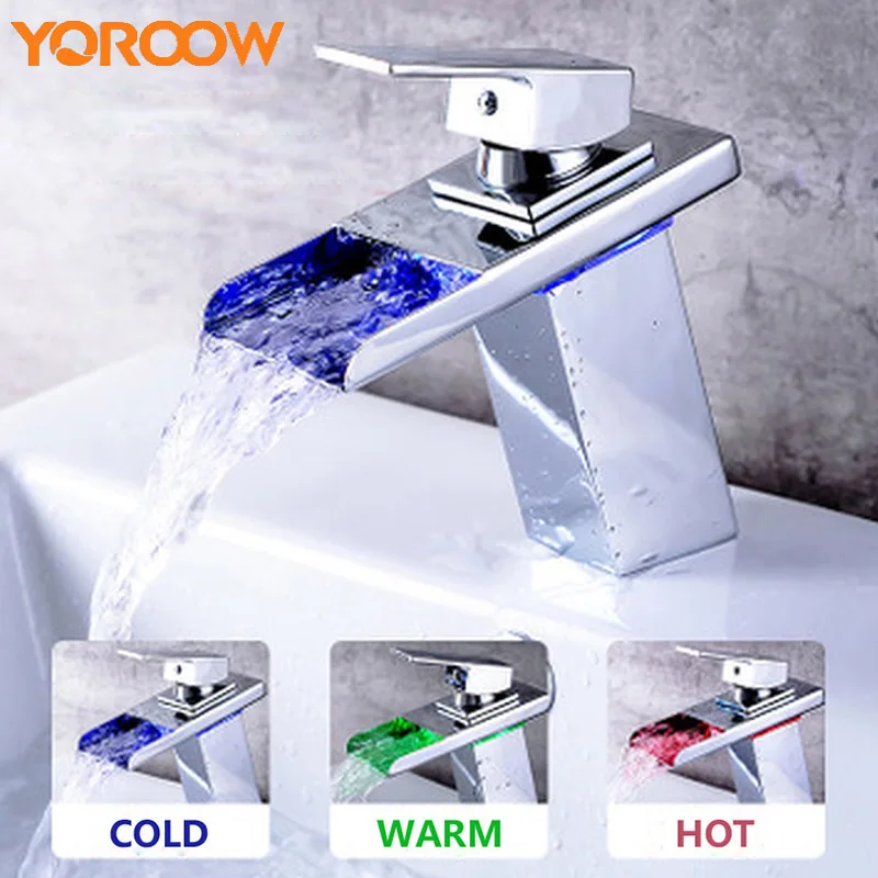 

Square Led Light Change Waterfall Faucet Designed Basin Chrome Single Hole Wall Mount Cold Hot Mixer Taps Free Shipping AWN0001
