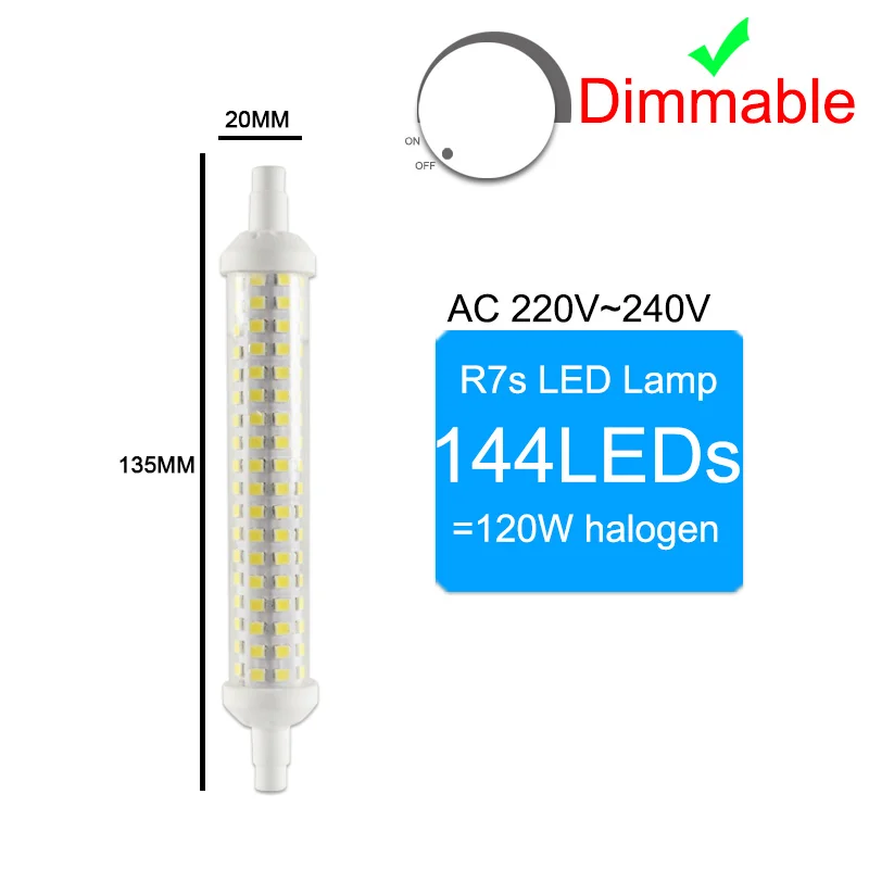 СВЕТОДИОДНЫЙ R7S лампа AC 85-265 в J78 J118 J135 светодиодный светильник с регулируемой яркостью 78 мм 118 мм 189 мм Замена галогенов 50 Вт прожектор точечный светильник - Испускаемый цвет: 144LEDs Dimmable