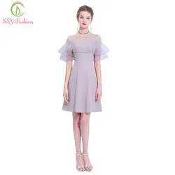 SSYFashion новый простой серый коктейльное платье банкет элегантный с короткими рукавами до колена вечерние Формальные индивидуальный заказ