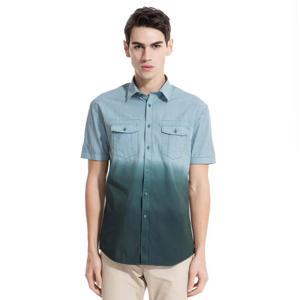 Lesmart Mens Plaid Dip Dye Shirt Short Sleeve Breathable Brand Clothing