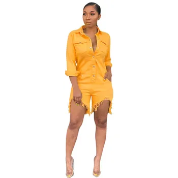 

2019 Women Summer Slim Jeans Jumpsuit Lapel Pocket Shorts Jumpsuit Casual Streetwear Tassel Denim Overalls