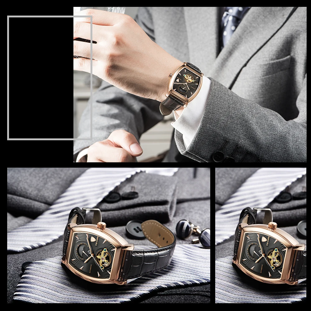 TEVISE 8383D Автоматические наручные часы Механические Мужские часы с автоматическим заводом фаза Луны настоящие часы кожаные мужские повседневные часы мужские
