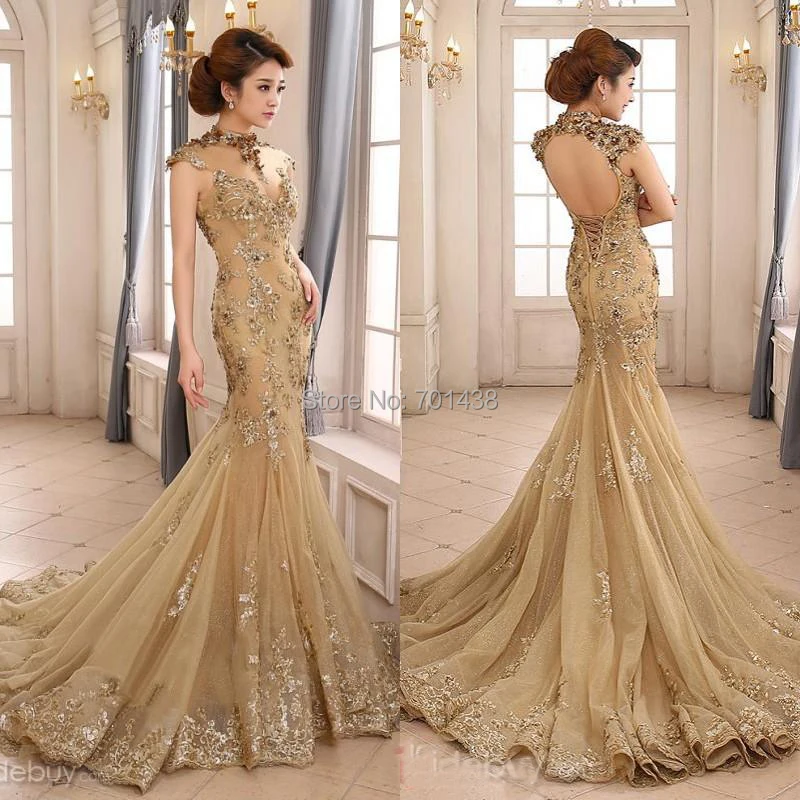 DL 1442 2014 Luxury High Neck Sheer Illusion Crystal Beaded And Lace