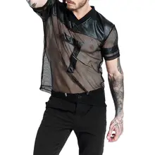 Сексуальный v-образный вырез мужские летние с коротким рукавом искусственная кожа Сетка Прозрачная Футболка Топ