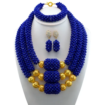 

African Beads Jewelry Set Blue Acrylic Gold-color Balls Women Wedding Necklace Bracelet Earrings Set Free Shipping