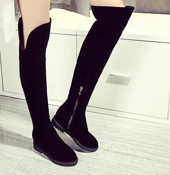 

women boots autumn winter warm plush 2016 sexy new fashion flock zip over the knee boots Stretch Slim black non-slip flat shoes