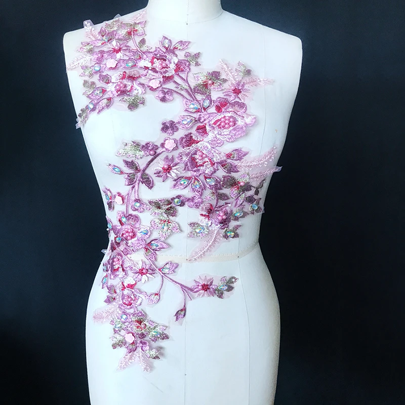 Pearl Beaded 3D Flowers Lace Applique Wedding Dress Decor Floral Patch Costume