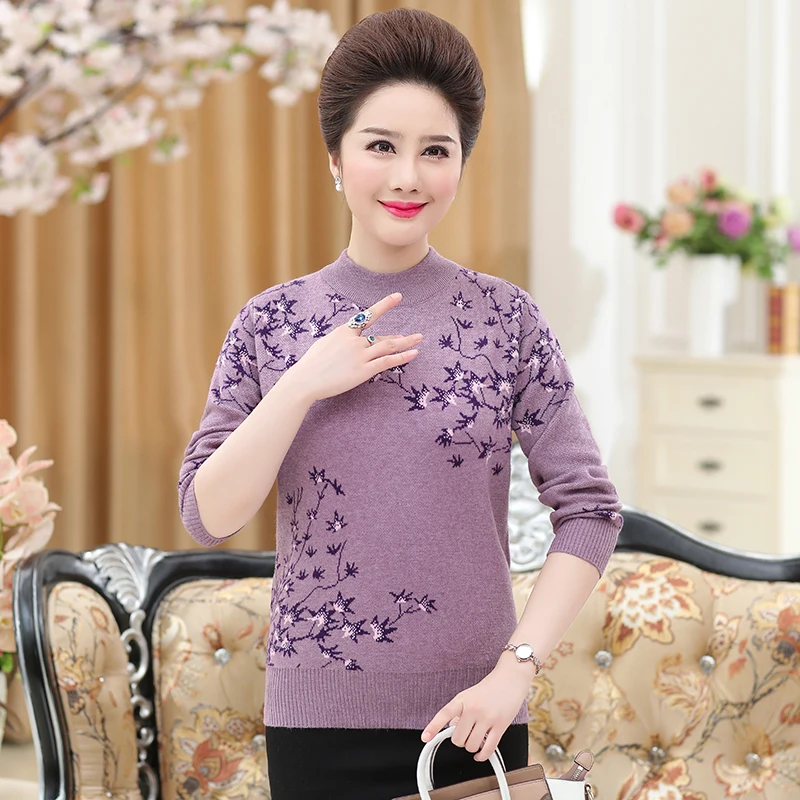 

Middle-Aged Mother Thick Turtleneck Wool Sweater Pullover Print Warm Sweater Female Plus Size Womens Clothing R893
